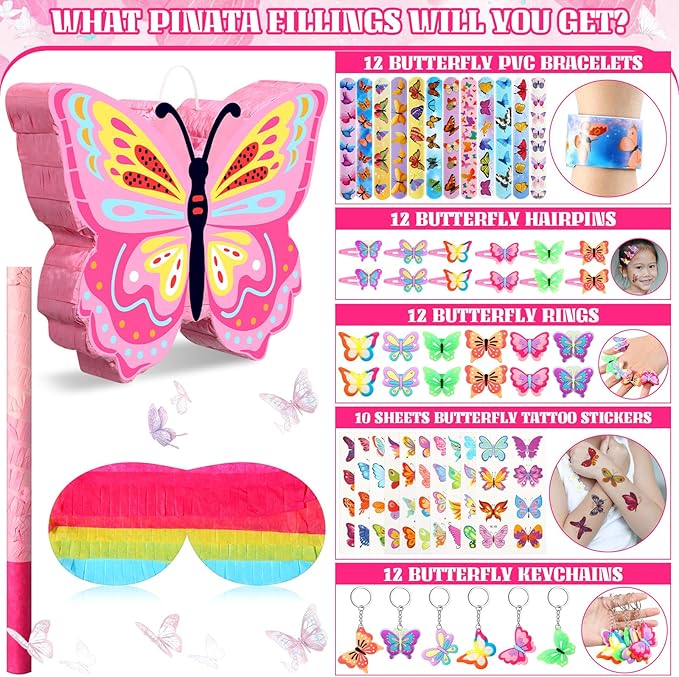 Pasimy 61 Pcs Butterfly Party Piñata Set, Butterfly Piñata with Stick Blindfold Butterfly Birthday Tattoos Stickers Hairpin Ring Slap Bracelet Keychain for Butterfly Themed Party Supplies Decor