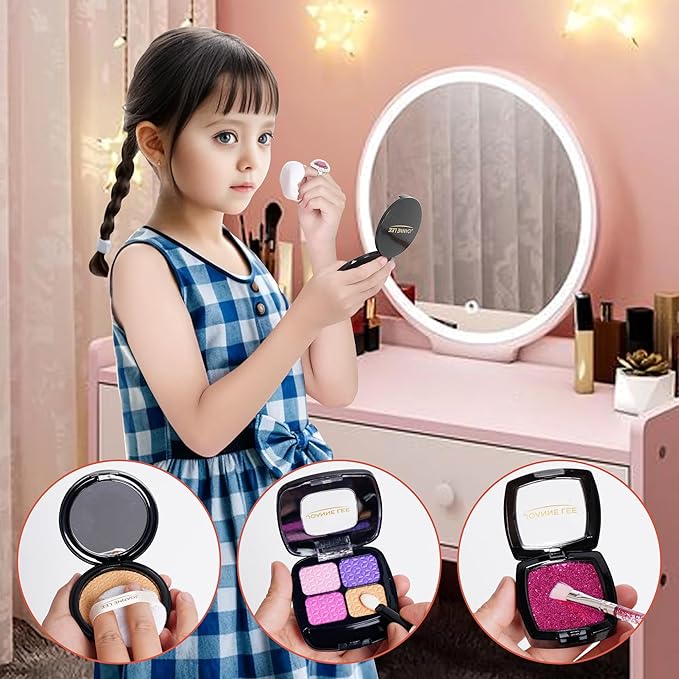 Pretend Makeup Kit for Girls Kids Pretend Play Makeup Set with Exquisite Leather Bag and Gift Box for Birthday Christmas Age 3+ (Not Real Makeup) (21pcs Rose Pink kit)
