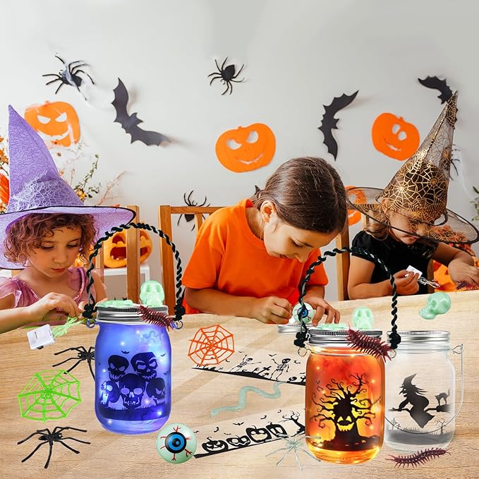 Halloween Crafts for Kids, 8 PCS Halloween Mason Jar with Accessories for DIY Craft, Halloween Art Party Favor Supplies, Halloween Decoration Trick or Treating, Classroom Halloween Art Activities
