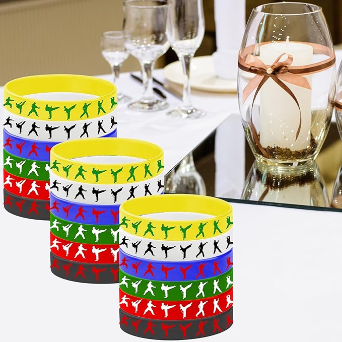 CupaPlay 48 Taekwondo Karate Rubber Bracelets Kung Fu Wrestling Theme Party Supplies Decorations Birthday Baby Shower Silicone Wristbands Party Favors