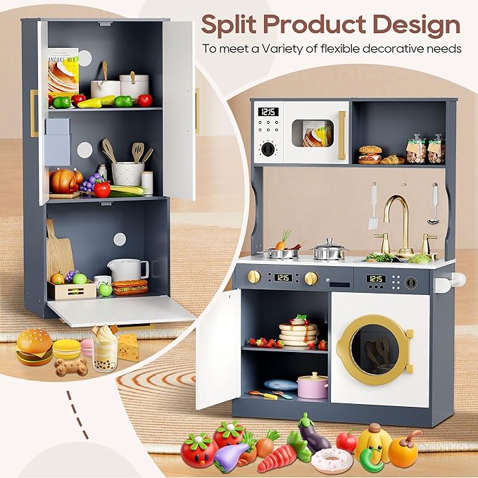 Kids Kitchen Playset with Realistic Design, Luxury Play Kitchen with Extended Storage Cabinets, Toy Kitchen for Toddlers with Coffee Counter, Cookware Accessories, Oven, Microwave (White and Black)