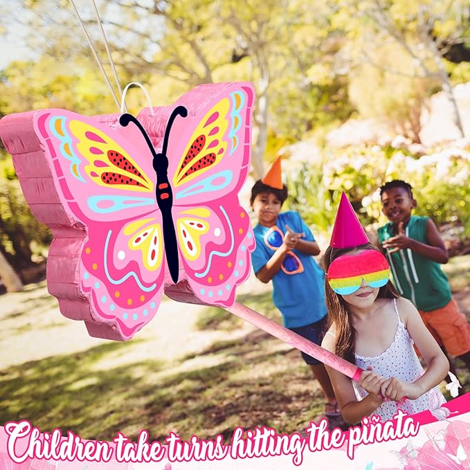 Pasimy 61 Pcs Butterfly Party Piñata Set, Butterfly Piñata with Stick Blindfold Butterfly Birthday Tattoos Stickers Hairpin Ring Slap Bracelet Keychain for Butterfly Themed Party Supplies Decor