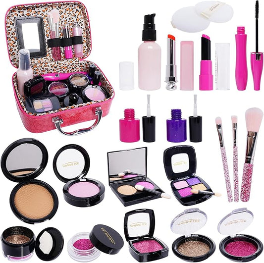 Pretend Makeup Kit for Girls Kids Pretend Play Makeup Set with Exquisite Leather Bag and Gift Box for Birthday Christmas Age 3+ (Not Real Makeup) (21pcs Rose Pink kit)