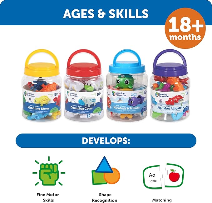 Learning Resources Snap-n-Learn Matching Dinos - 18 Pieces, Ages 18+ Months Toddler Fine Motor Toys, Counting & Sorting Toy, Shape Sorting, Dinosaurs Toys, Sensory Bin Toys