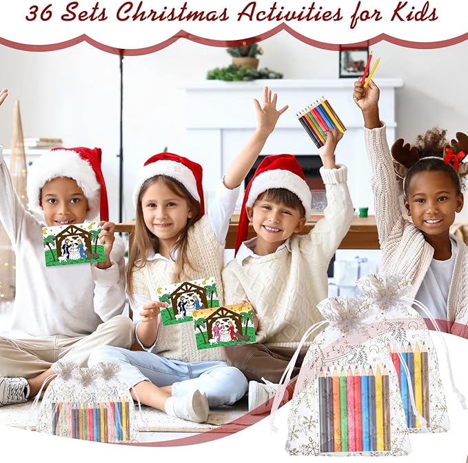 Qilery 36 Sets Christmas Activities Nativity Scene Coloring Page Bulk for Kids Coloring Page with Coloring Pencils and Organza Gift Bag Xmas DIY Art Drawing Page for Kids School Party Favor