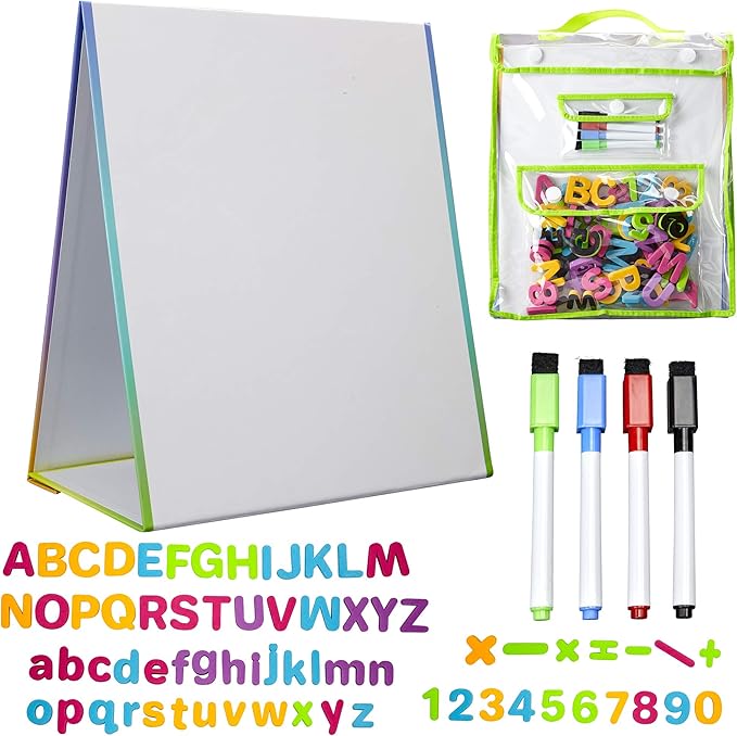 Magnetic Easel and Whiteboard for Kids – 4 Dry Erase Markers, 72 Magnet Numbers and Letters, and Bonus Carrying Bag – Table Top Educational Children’s Play Set