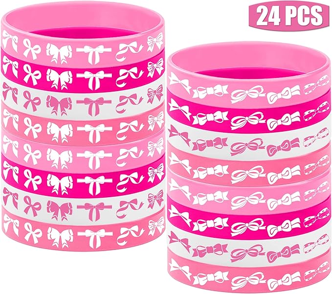 Yuanhoo 24PCS Pink Bow Rubber Bracelet Bow Wristbands Party Favors Bow Themed Birthday Hoilday Baby Shower Wedding Party Supplies Decorations
