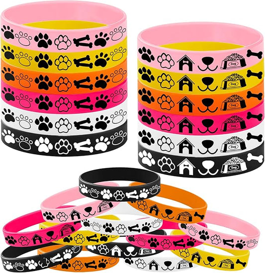 CupaPlay 24PCS Pet Rubber Bracelets Silicone Wristbands -Dog Theme Party Supplies Decorations Kawaii Pet Paw Birthday Baby Shower Party Favors