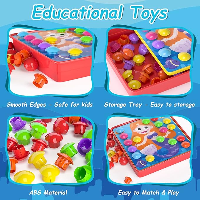 Geekper 96 PCS Button Art Toys for Toddlers, Color Matching Mosaic Pegboard Early Learning Educational Toys for 3, 4, 5, 6 Year Old Kids Boys and Girls Gifts, Including 24 Pictures and 72 Buttons