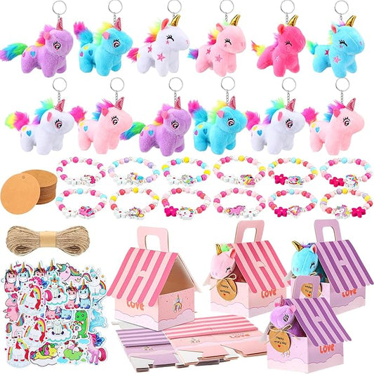 Remuuly Valentines Unicorn Party Favor for Girls Mini Unicorns Stuffed Animals Bulk Plush Keychains Gift Box Bracelet Sticker for Goodie Bag Birthday Students(88 Pcs)