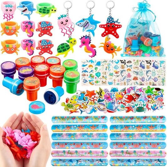 Under the Sea Party Favors Ocean Sea Animals Themed Party Supplies for Boys Girls, Bracelet Tattoo Sticker Stampers Keychain Ocean Sea Goodie Bag Fillers for Birthday Party Classroom Rewards (144 Pcs)