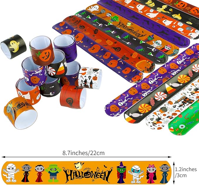 Elcoho 72 Pieces Halloween Favors Slap Bracelets Toys Halloween Wristbands Slap Bracelets for Halloween Trick or Treat Gifts