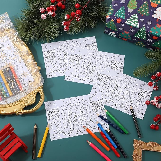 Qilery 36 Sets Christmas Activities Nativity Scene Coloring Page Bulk for Kids Coloring Page with Coloring Pencils and Organza Gift Bag Xmas DIY Art Drawing Page for Kids School Party Favor