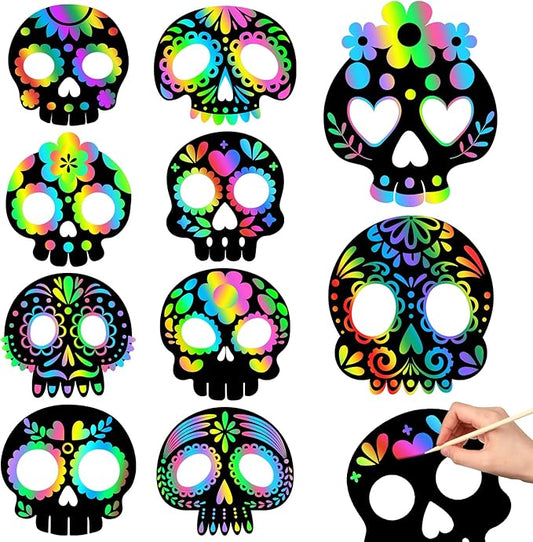 Deekin 60 Pcs Day of The Dead Scratch Masks Skulls Arts and Crafts Gift Set Halloween Skull Scratch Party Favors DIY Art Mask Craft Kit for Mexican Dia De Los Muertos Activity Party Decoration