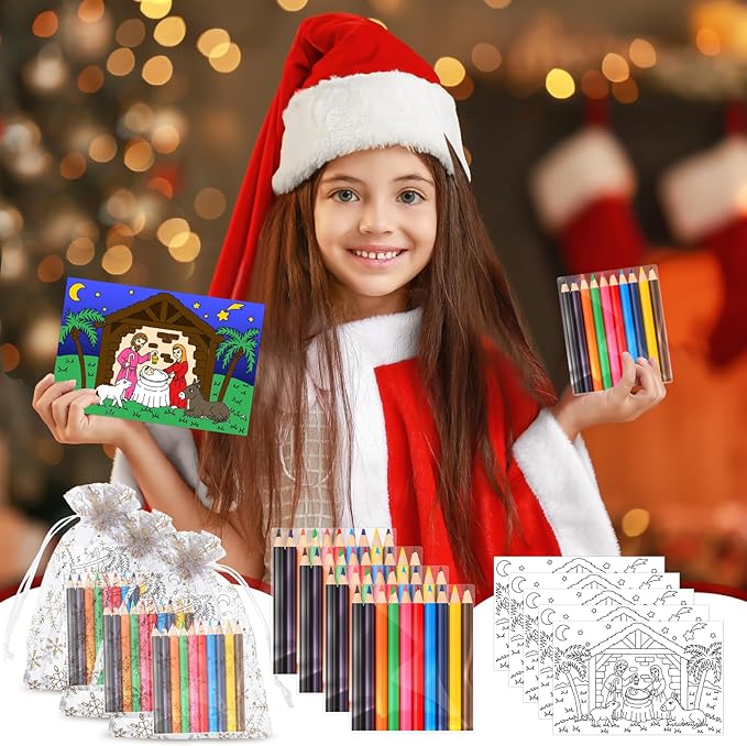 Qilery 36 Sets Christmas Activities Nativity Scene Coloring Page Bulk for Kids Coloring Page with Coloring Pencils and Organza Gift Bag Xmas DIY Art Drawing Page for Kids School Party Favor