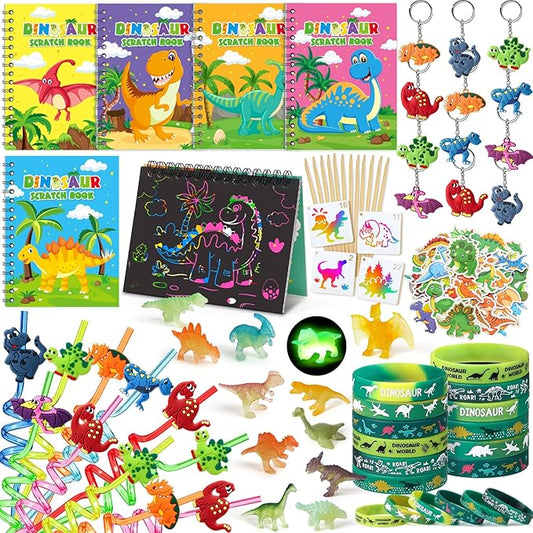Dinosaur Party Favors Birthday Supplies, Dino Scratch Notebooks Straw Drawing Stencil Dinosaur Figures Keychain Silicone Bracelet Sticker, Dinosaur Birthday Party Goodies Bag Stuffer Filler