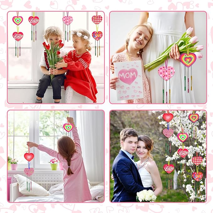 Fennoral 9 Pack Heart Wind Chime Kit for Kids Make You Own Love Wind Chimes DIY Colorful Valentine's Day Wooden Art and Craft for Kids Valentine's Day Party Decoration