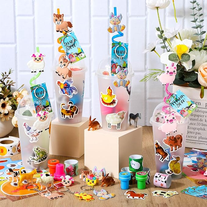 Poen 212 Pcs Farm Animal Party Favors Set Include Cup Straw Stamp Clap Bracelet Keychain Ring Puzzle Sticker Animal Miniature Card for Birthday Party Baby Shower Goody Bag Stuffer