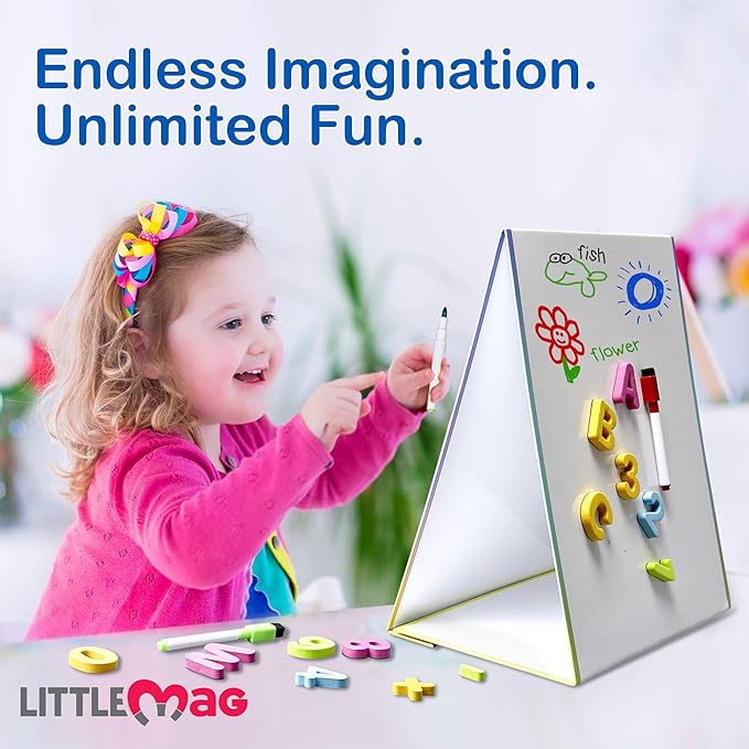 Magnetic Easel and Whiteboard for Kids – 4 Dry Erase Markers, 72 Magnet Numbers and Letters, and Bonus Carrying Bag – Table Top Educational Children’s Play Set