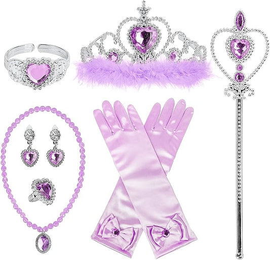 Princess Dress Up Accessories Princess Gloves, BIBUTY 7pcs Dress Up Set for Toddler Girls with Princess Crown, Wand, Gloves, Necklace, Earrings, Bracelet and Ring, Costume Toys for 3-6 yr Little Girls
