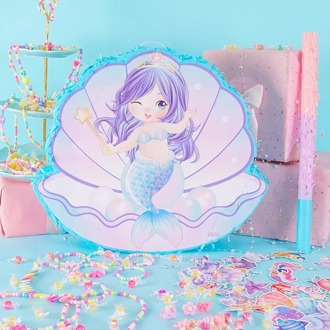 PATIO CHOICE 73 PCS Mermaid Piñata Set Include Mermaid Piñata Stick and Blindfold Necklace Bracelet Rings Stickers for Kids Girls, as Birthday Party Carnivals Festivals Decorations
