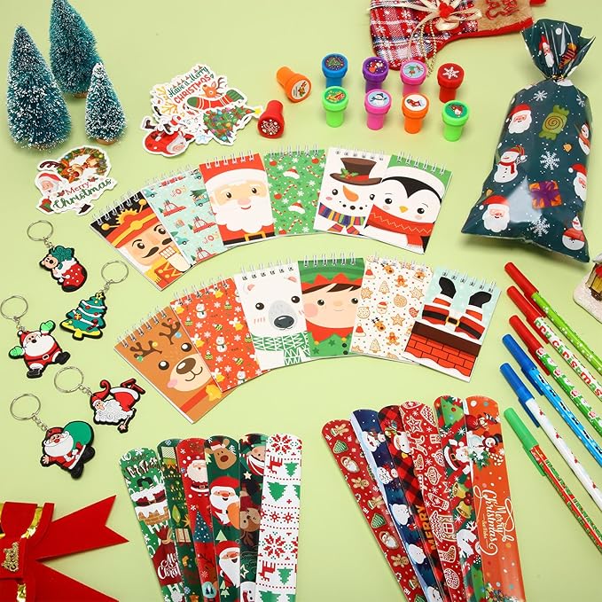 Pasimy 194 Pcs Christmas School Stationery Set Xmas Goody Bag Filler with Key Chain Slap Bracelet Pen Stationery Stocking Christmas Party Favors Assortment for Classroom Gift Prizes Reward Supplies