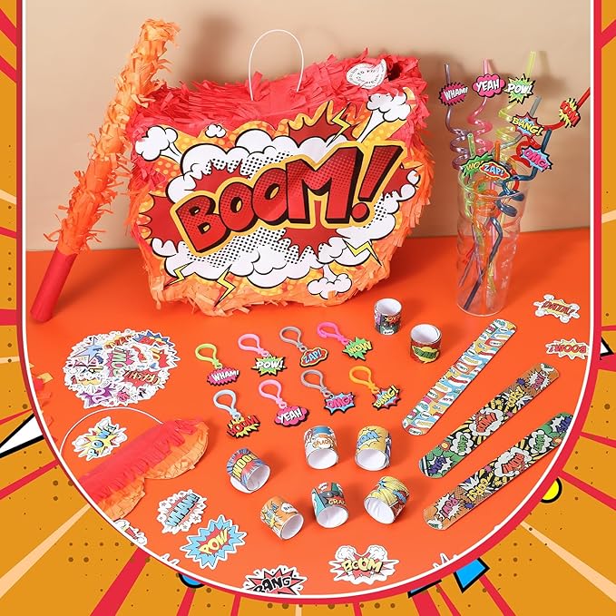 Quelay Hero Party Favor Birthday Supplies Including Hero Piñata Set Drinking Straws Keychains Slap Bracelet Stickers Carnival Classroom Prize Gifts Birthday Decorations for Kids