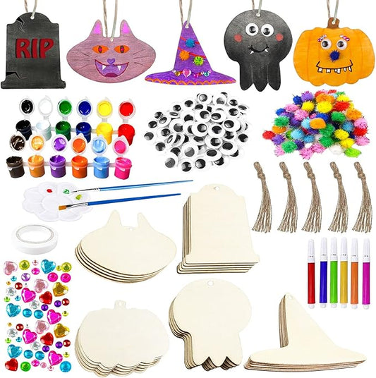 Halloween Crafts for Kids Halloween Decorations Wooden Slices Blank Cutouts Unfinished Wood Hanging Ornaments for Indoor/Outdoor Make Your Own Gift Tags for Halloween Party Favors, Home Decor, 25 Pcs