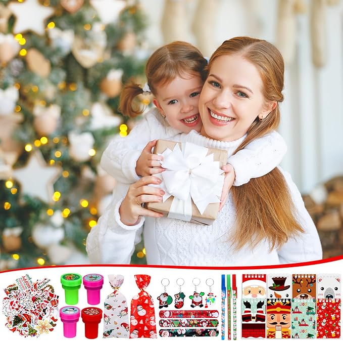 Pasimy 194 Pcs Christmas School Stationery Set Xmas Goody Bag Filler with Key Chain Slap Bracelet Pen Stationery Stocking Christmas Party Favors Assortment for Classroom Gift Prizes Reward Supplies