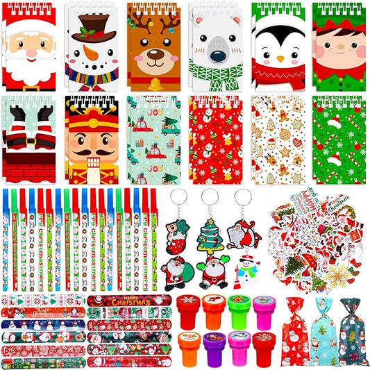 Pasimy 194 Pcs Christmas School Stationery Set Xmas Goody Bag Filler with Key Chain Slap Bracelet Pen Stationery Stocking Christmas Party Favors Assortment for Classroom Gift Prizes Reward Supplies