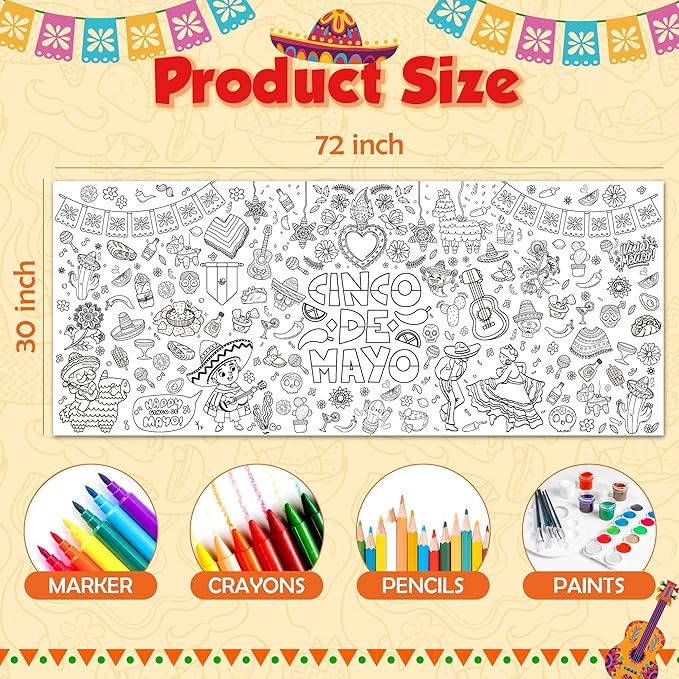 OHOME Fiesta Giant Coloring Poster/Tablecloth - Fiesta Party Decorations - 30 x 72 Inches Jumbo Coloring Banner Kids Crafts Games Accessories Gifts Decor - Mexican Party Decorations