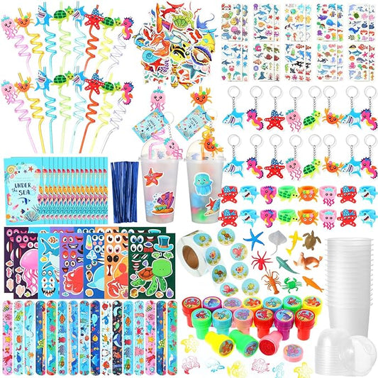 Poen 212 Pcs Under the Sea Party Favors Set Include Cup Straw Stamp Clap Bracelet Keychain Ring Puzzle Sticker Animal Miniature Card for Birthday Party Baby Shower Goody Bag Stuffer
