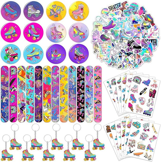 Roller Skate Party Favors 98PCS Slap Bracelets, Stickers, Key Chains, Pin Badges and Temporary Tattoos for Kids Boys Girls Throwback 80s 90s Roller Skating Hip Hop Birthday Party Supplies Decorations