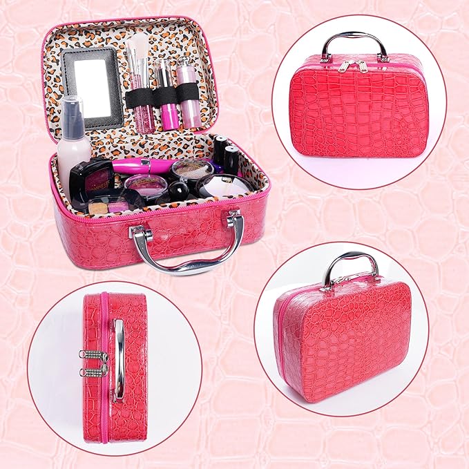 Pretend Makeup Kit for Girls Kids Pretend Play Makeup Set with Exquisite Leather Bag and Gift Box for Birthday Christmas Age 3+ (Not Real Makeup) (21pcs Rose Pink kit)