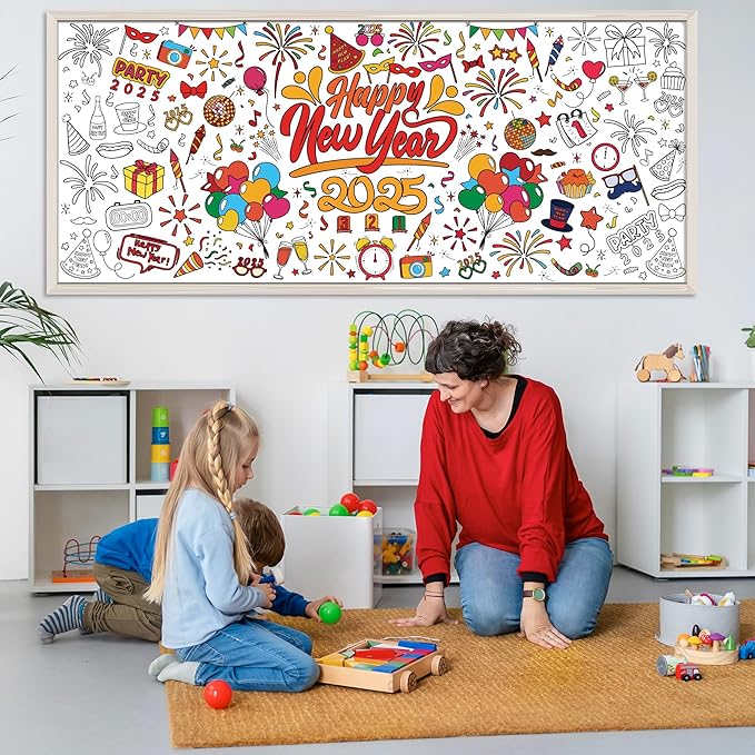 OHOME Happy New Year Giant Coloring Poster/Tablecloth - New Years Decorations 2025-30 x 72 Inches Jumbo Coloring Banner Kids Crafts Activities Party Decorations | New Years Eve Party Supplies