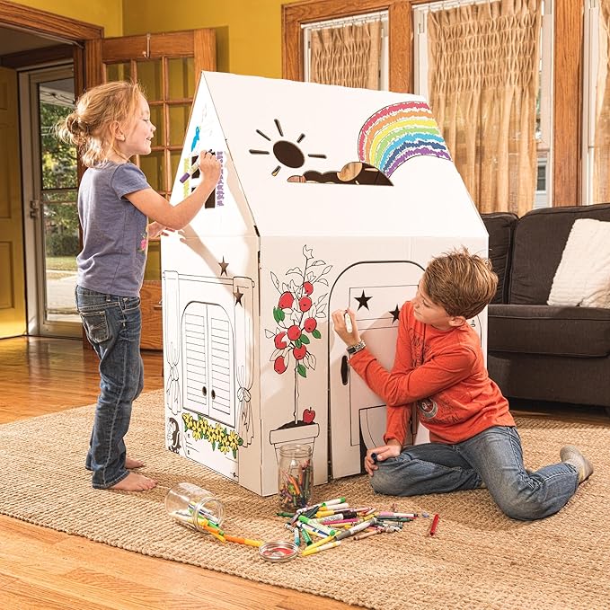 Easy Playhouse Clubhouse - Kids Art and Craft for Indoor and Outdoor Fun, Color, Draw, Doodle on this Blank Canvas – Decorate and Personalize a Cardboard Fort, 34" X 27" X 48" - Made in USA, Age 3+