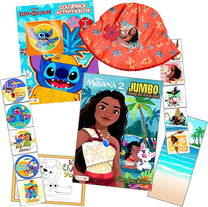Moana and Stitch Bundle with Moana Coloring Book, Stickers, Moana Hat, and Moana Door Hanger Craft in Gift Bag