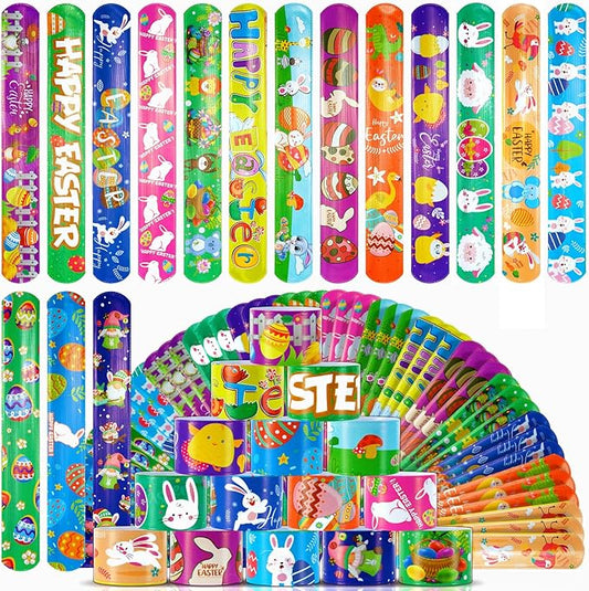 Easter Slap Bracelets 48Pcs Easter Party Favors for Kids Easter Basket Stuffers Easter Bracelets Easter Egg filler Toys Party Supplies Easter Gifts for Class Kids Goodie Bag Fillers Easter Hunt Games