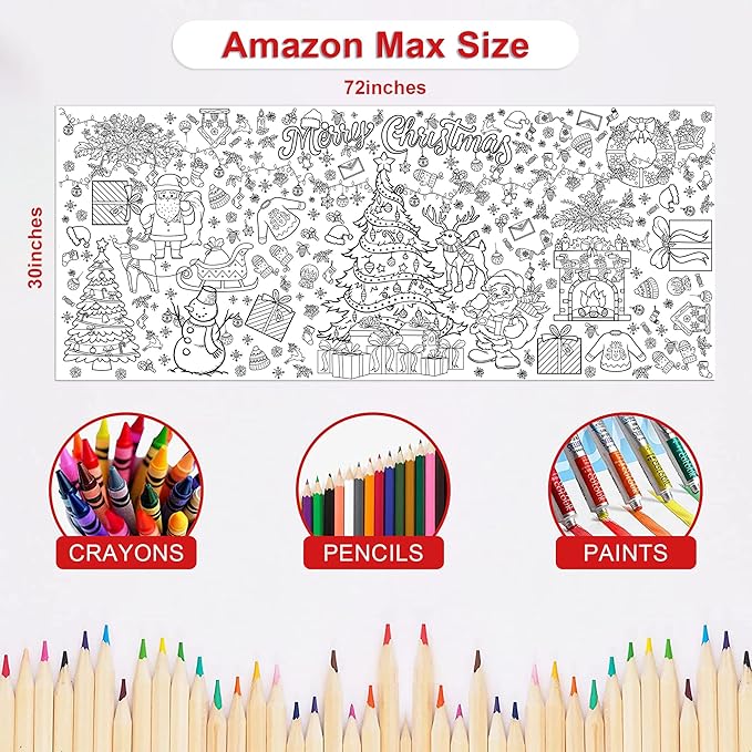 OHOME Xmas Giant Coloring Poster/Tablecloth-Christmas Crafts for Kids-30 x 72 Inches Jumbo Paper Coloring Banner Kids Gifts Activities Toys Party Classroom Christmas Decorations[Kids Games]
