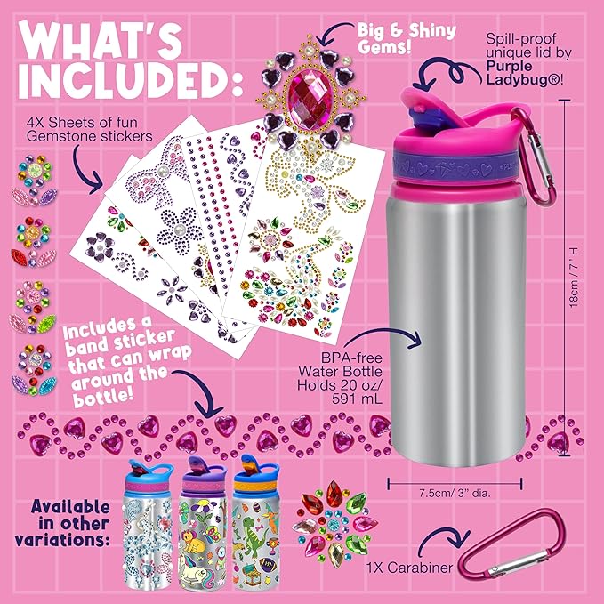 PURPLE LADYBUG Decorate Your Own Water Bottle Kits for Girls - 5 6 7 8 Year Old Girl Gifts, Girl Birthday Easter Gifts for Kids, Arts and Crafts for Kids Ages 6-8 Girls Water Bottles for School Girls