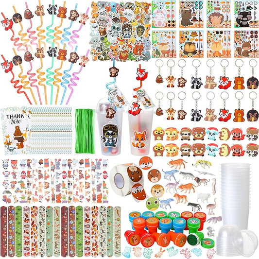Poen 212 Pcs Woodland Party Favors Set Include Cup Straw Stamp Clap Bracelet Keychain Ring Puzzle Sticker Animal Miniature Card for Birthday Party Baby Shower Goody Bag Stuffer