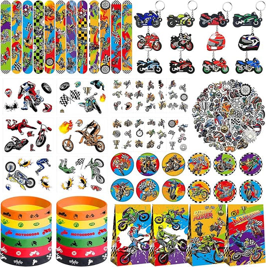 Dirt Bike Party Favor Supplies, Including Gift Bag Tattoo Stickers Badge Slap Bracelets Silicone Wristbands DIY Stickers Keychain, for Motorcycle Theme Party Club Gift Boy Birthday Party Fillers