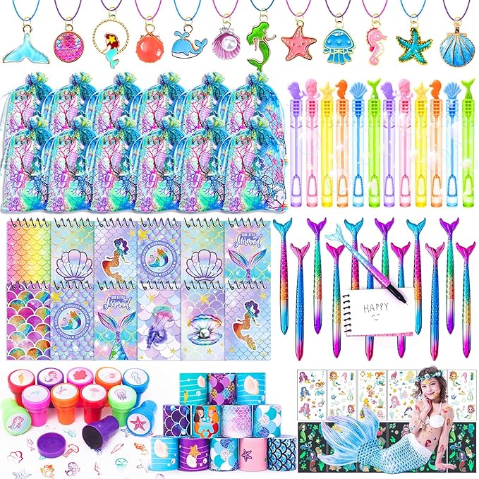 Mermaid Party Favors- Ocean Sea Party Toys Sets for 12 Children Decorations, Goodie Bag Fillers 96 PCS for Kids Summer Party Supplies, Necklace, Bubble Wands Girls Mermaid Birthday Party Favors