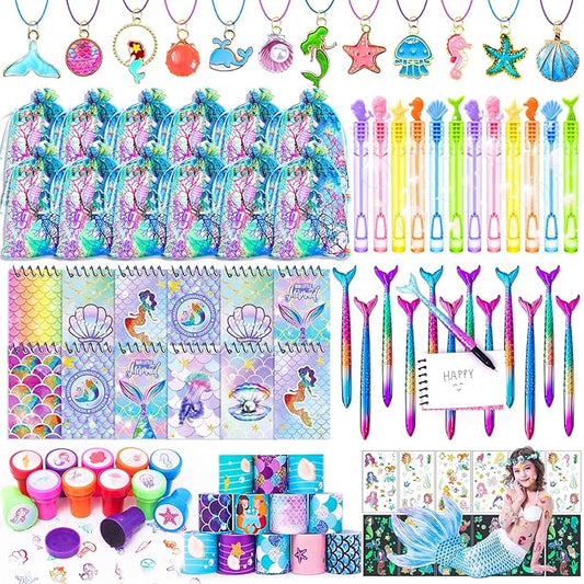 Mermaid Party Favors- Ocean Sea Party Toys Sets for 12 Children Decorations, Goodie Bag Fillers 96 PCS for Kids Summer Party Supplies, Necklace, Bubble Wands Girls Mermaid Birthday Party Favors
