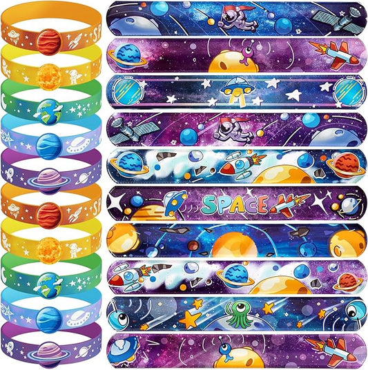Space Party Favors, 30 Pcs Outer Space Themed Birthday Decorations, 10 Silicone Bracelet, 20 Slap Bracelet for Astronaut Kids Birthday Gift