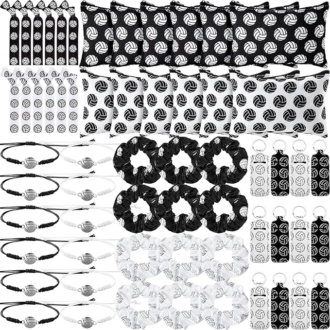 Nuogo 60 Pcs Volleyball Party Favors Gifts for Team Include 12 Volleyball Cosmetic Bag 12 Volleyball Keychains 12 Volleyball Hair Scrunchies 12 Volleyball Hair Ties 12 Volleyball Bracelets