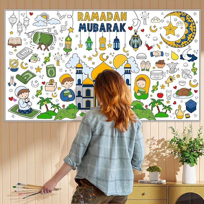 OHOME Ramadan Giant Coloring Poster/Tablecloth-Ramadan Decorations - Jumbo Coloring Banner Kids Crafts Activities Decor Party Decorations