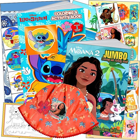 Moana and Stitch Bundle with Moana Coloring Book, Stickers, Moana Hat, and Moana Door Hanger Craft in Gift Bag