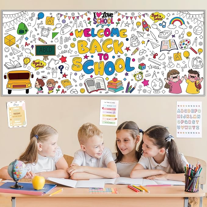 OHOME Back to School Giant Coloring Poster/Tablecloth - Back to School Decorations - 30 x 72 Inches Kindergarten School Supplies for Kids - Back to School Gifts for Kids - Banner Classroom Must Haves