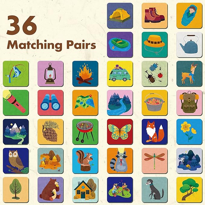 Hebayy Memory Matching Game, 72 PCS Camping Theme Matching Cards for Toddlers 36 Designs Memory Cards Educational Learning Toys for Preschool 4 5 6 Years Old
